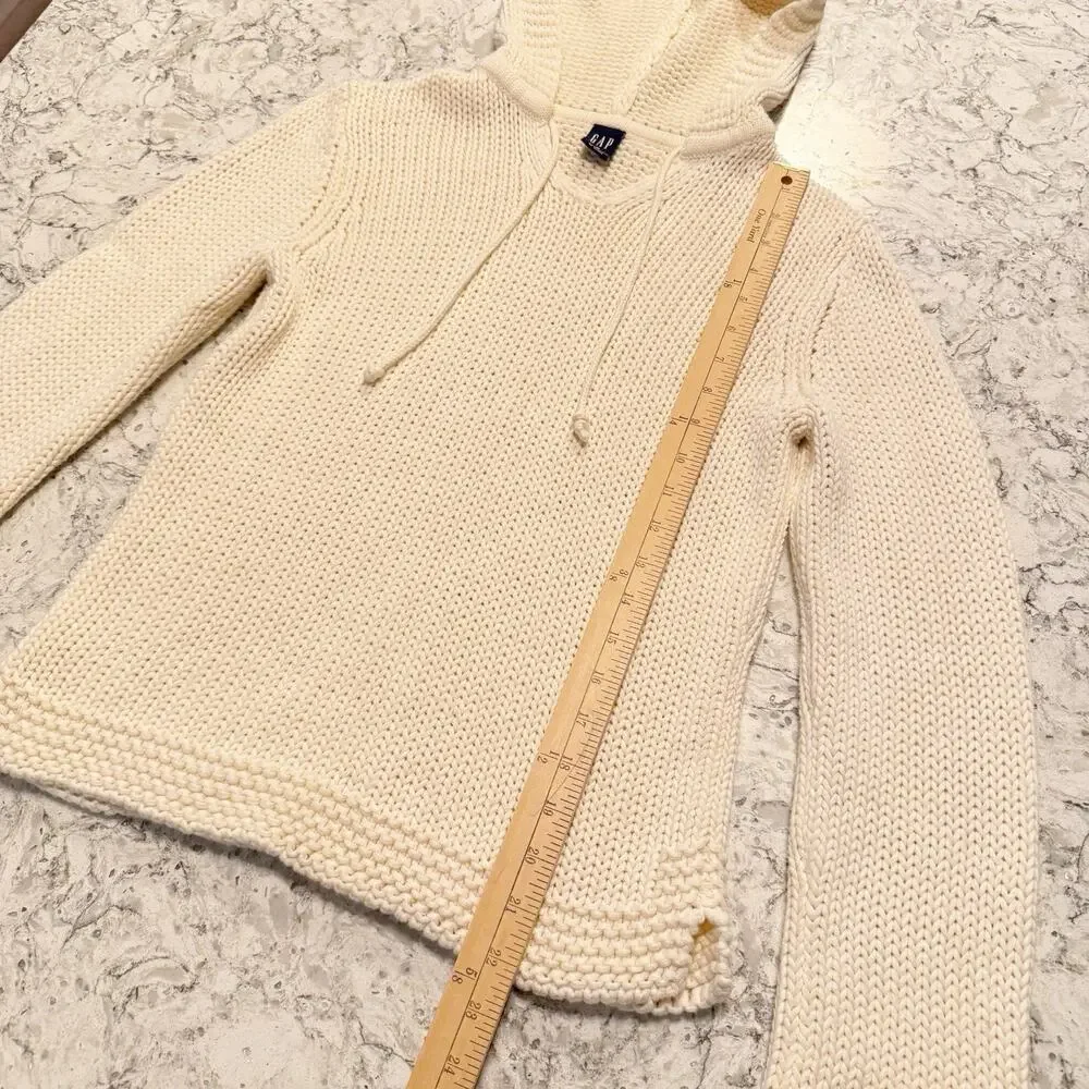 Vintage Y2K GAP Ivory Cotton Fisherman Sweater M Hooded Cable Knit Bell Sleeve